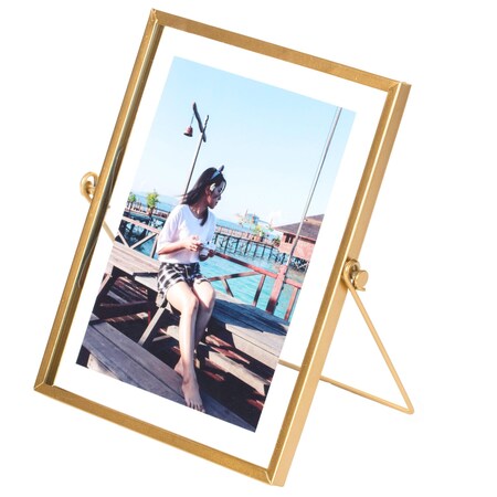 Fabulaxe Modern Metal Floating Tabletop Photo Picture Frame with Glass Cover and Easel Stand, Gold 5 x 7 QI004066.GD.L